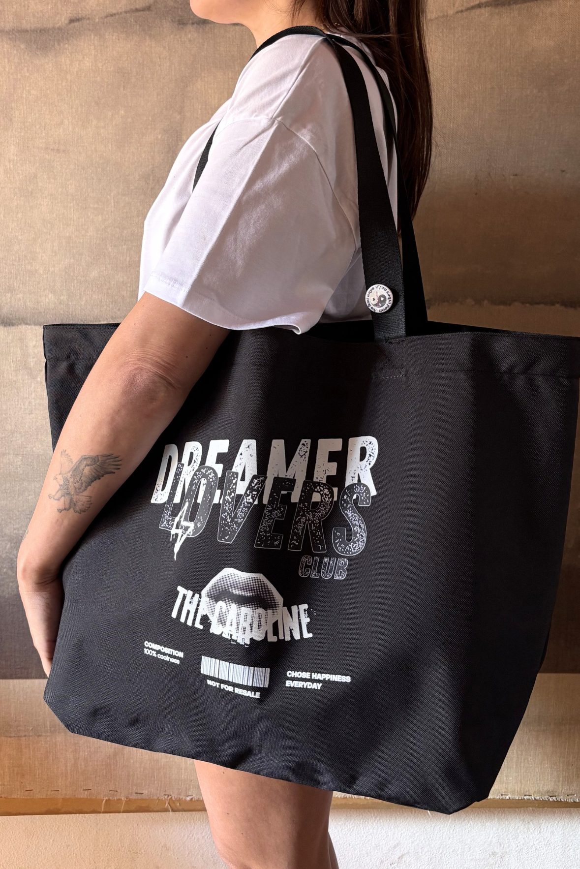 Borsa shopping grande in nylon di riciclo con stampa DREAMER LOVERS