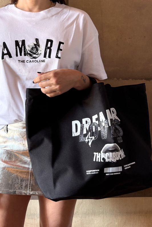 Borsa shopping grande in nylon di riciclo con stampa DREAMER LOVERS