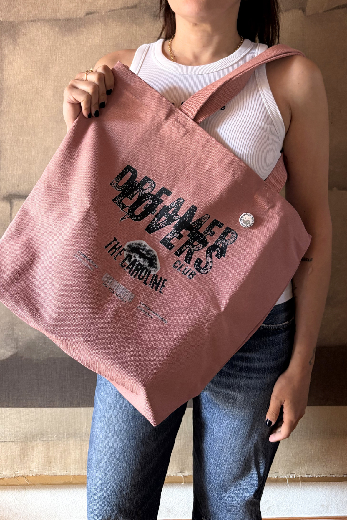Borsa shopping grande in canvas con stampa DREAMER LOVERS